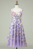 A Line Spaghetti Straps Purple Tea Length Ball Dress with 3D Flowers