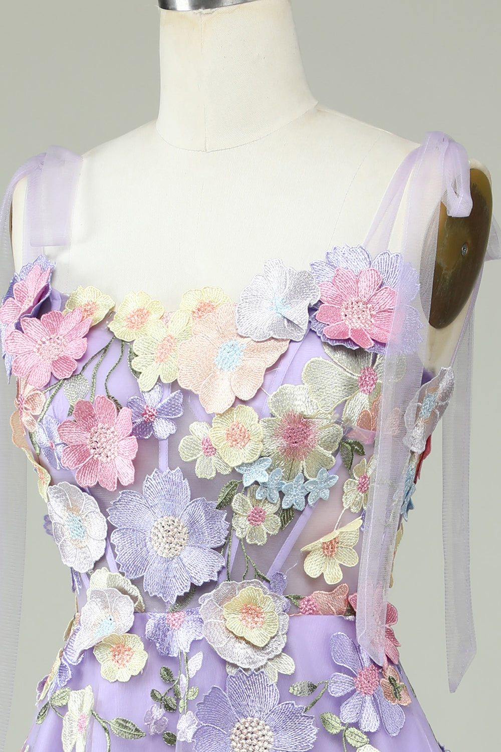 A Line Spaghetti Straps Purple Tea Length Ball Dress with 3D Flowers