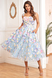 A Line Spaghetti Straps Blue Tea Length Ball Dress with 3D Flowers