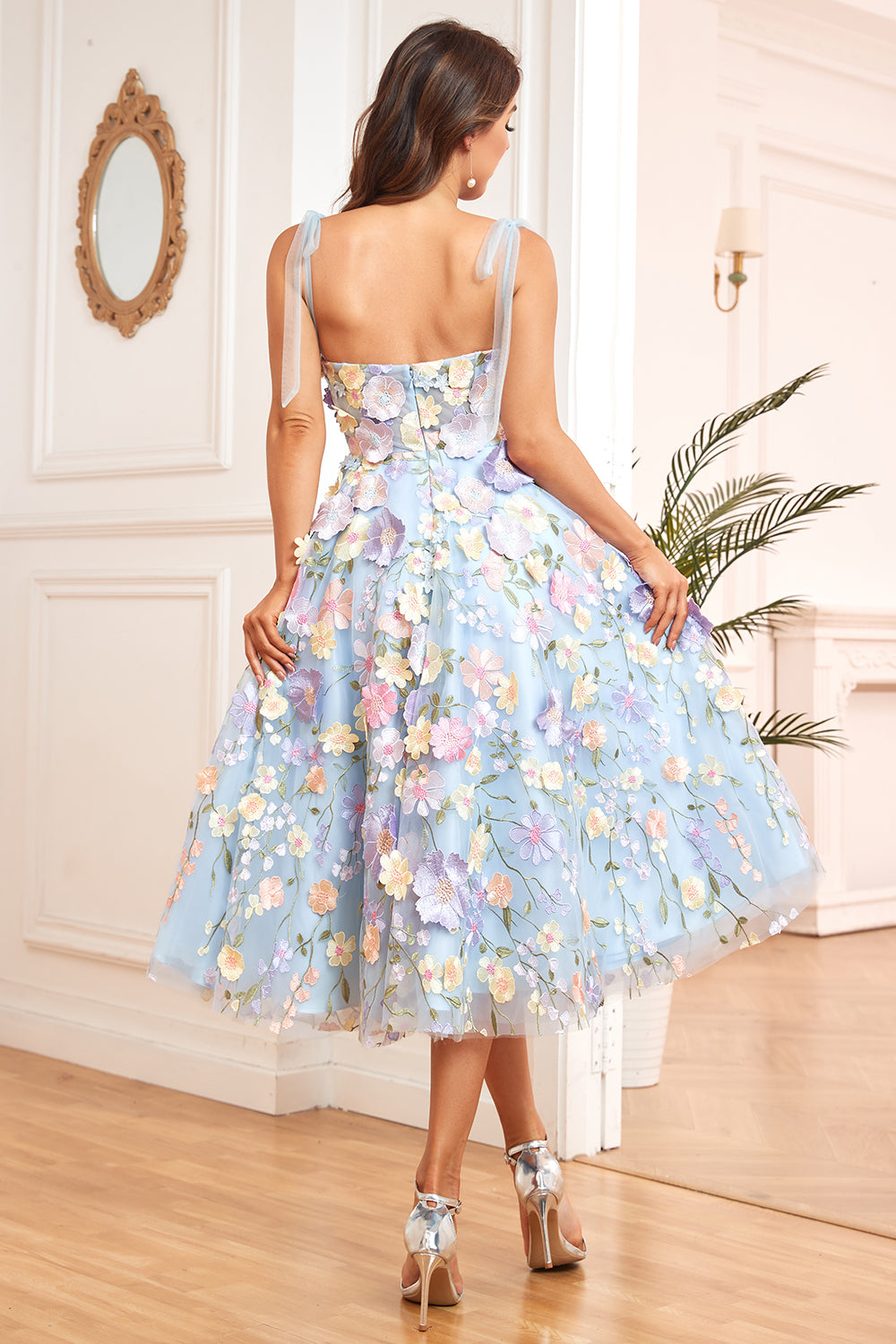 A Line Spaghetti Straps Blue Tea Length Ball Dress with 3D Flowers