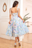 A Line Spaghetti Straps Blue Tea Length Ball Dress with 3D Flowers
