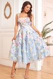 A Line Spaghetti Straps Blue Tea Length Ball Dress with 3D Flowers