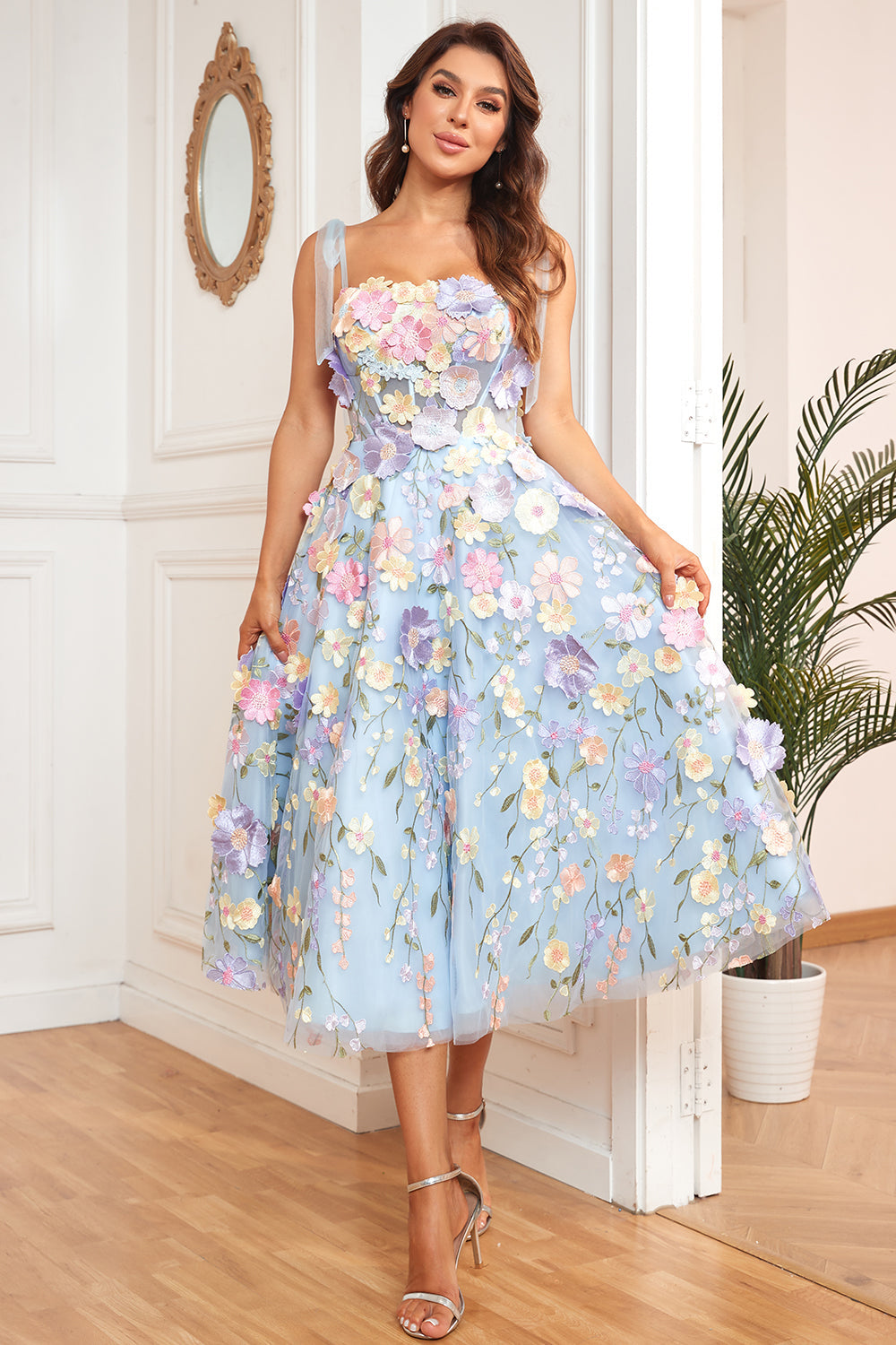 A Line Spaghetti Straps Blue Tea Length Ball Dress with 3D Flowers