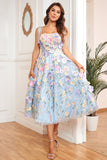 A Line Spaghetti Straps Blue Tea Length Ball Dress with 3D Flowers