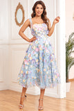 A Line Spaghetti Straps Blue Tea Length Ball Dress with 3D Flowers