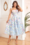 A Line Spaghetti Straps Blue Tea Length Ball Dress with 3D Flowers