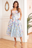 A Line Spaghetti Straps Purple Tea Length Ball Dress with 3D Flowers