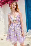 Purple A Line Cute Corset Cocktail Dress with 3D Flowers