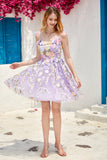 Purple A Line Cute Corset Cocktail Dress with 3D Flowers