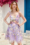 Purple A Line Cute Corset Cocktail Dress with 3D Flowers