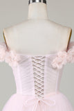 Cute A Line Off the Shoulder Pink Short Cocktail Dress with Flowers