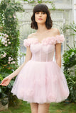 Pink Off the Shoulder Corset Cocktail Dress With Flowers
