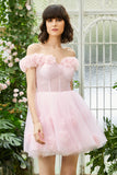 Pink Off the Shoulder Corset Cocktail Dress With Flowers