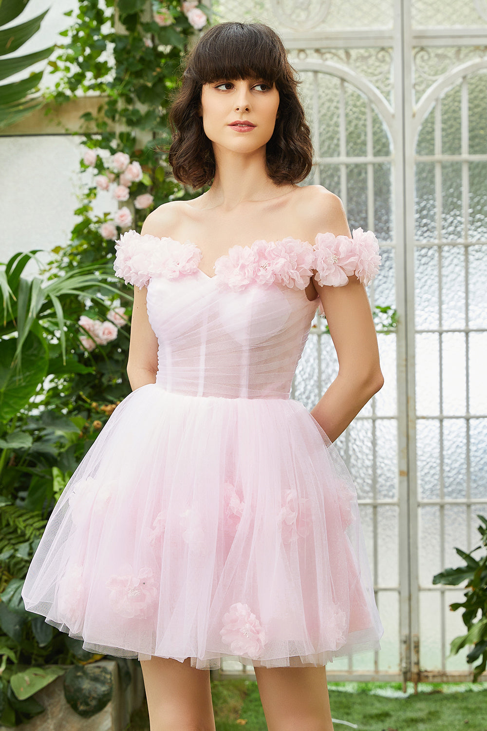 Pink Off the Shoulder Corset Cocktail Dress With Flowers
