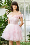 Pink Off the Shoulder Corset Cocktail Dress With Flowers