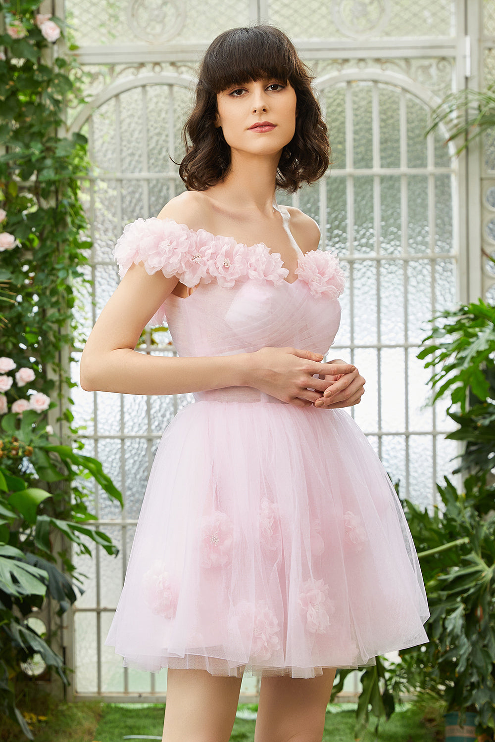 Pink Off the Shoulder Corset Cocktail Dress With Flowers