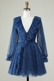 A Line Deep V Neck Navy Short Cocktail Dress with Ruffles