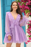 A Line V Neck Navy Short Cocktail Dress with Long Sleeves