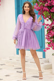 A Line Deep V Neck Navy Short Cocktail Dress with Ruffles