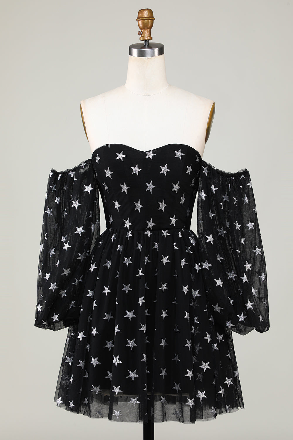 A Line Off the Shoulder Black Stars Short Cocktail Dress
