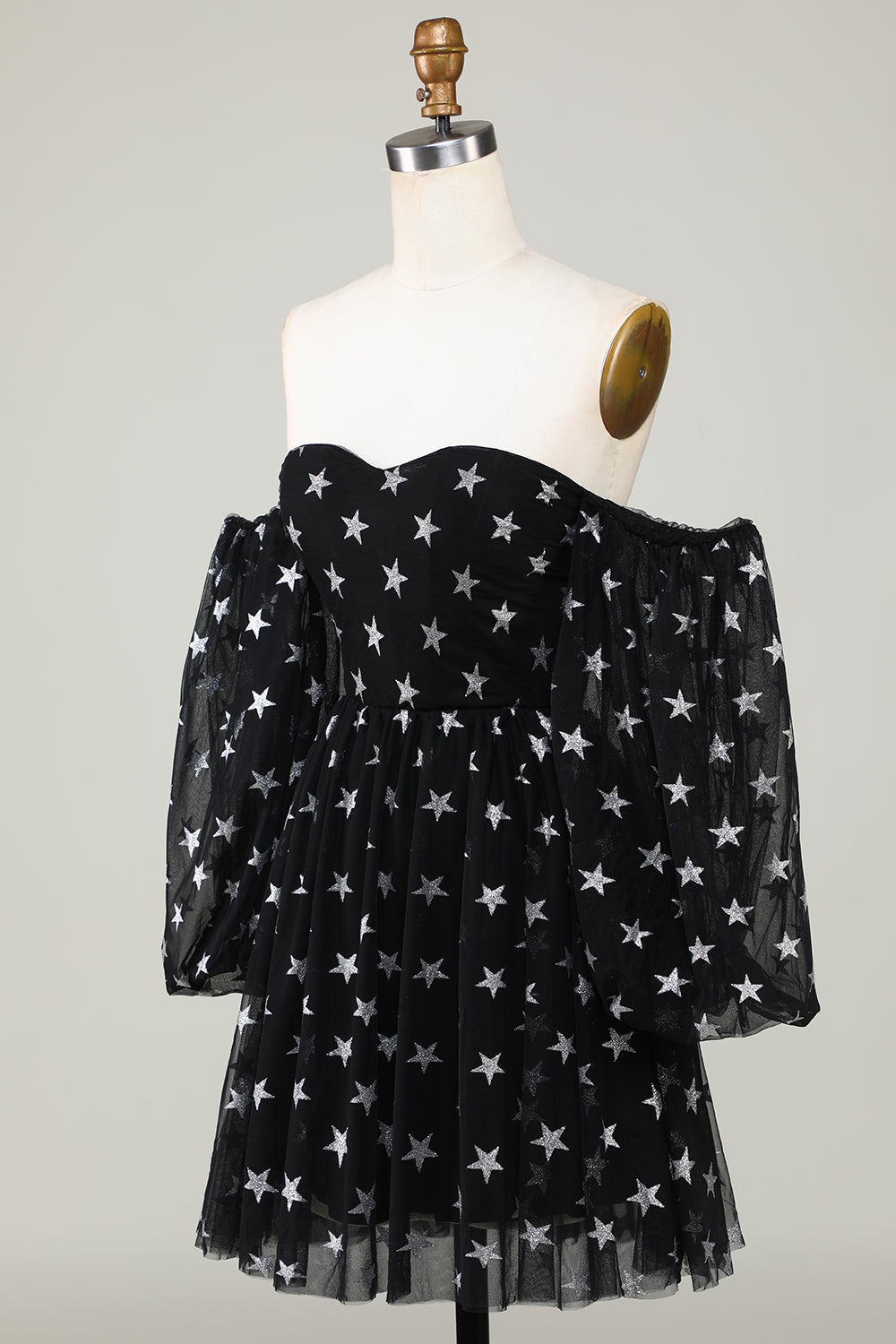 A Line Off the Shoulder Black Stars Short Cocktail Dress