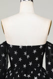 A Line Off the Shoulder Black Stars Short Cocktail Dress