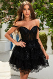Cute A Line Black Corset Tiered Short Cocktail Dress with Lace