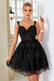 Cute A Line Dark Blue Corset Tiered Short Cocktail Dress with Lace