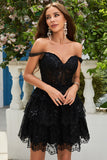 Cute A Line Black Corset Tiered Short Cocktail Dress with Lace