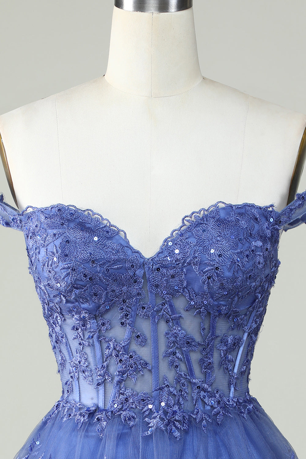 Cute A Line Dark Blue Corset Tiered Short Cocktail Dress with Lace