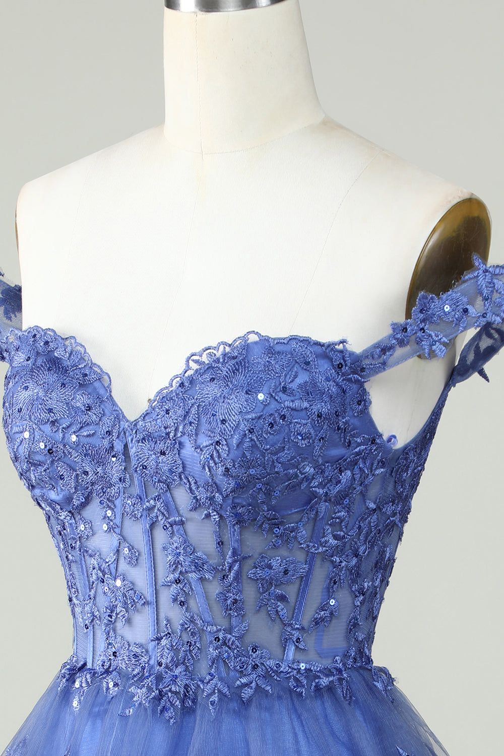 Cute A Line Dark Blue Corset Tiered Short Cocktail Dress with Lace