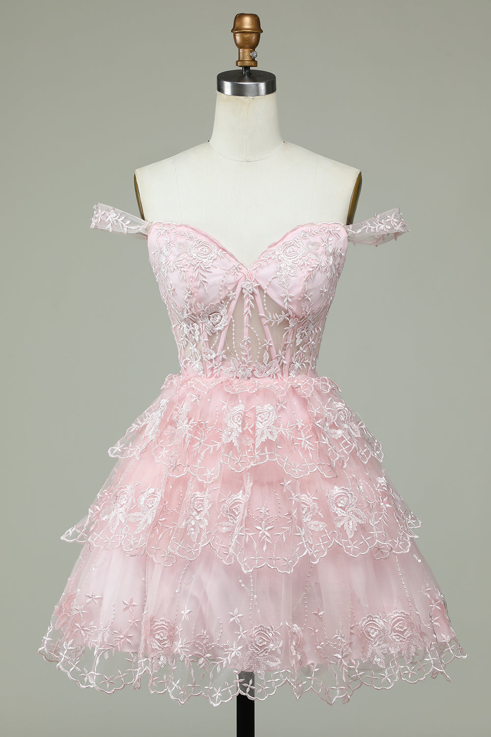 Cute A Line Off the Shoulder Pink Corset Cocktail Dress with Lace