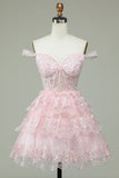 Cute A Line Off the Shoulder Pink Corset Cocktail Dress with Lace