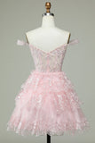 Cute A Line Off the Shoulder Pink Corset Cocktail Dress with Lace