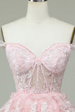 Cute A Line Off the Shoulder Pink Corset Cocktail Dress with Lace