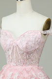 Cute A Line Off the Shoulder Pink Corset Cocktail Dress with Lace