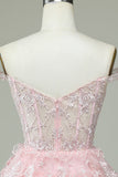 Cute A Line Off the Shoulder Pink Corset Cocktail Dress with Lace