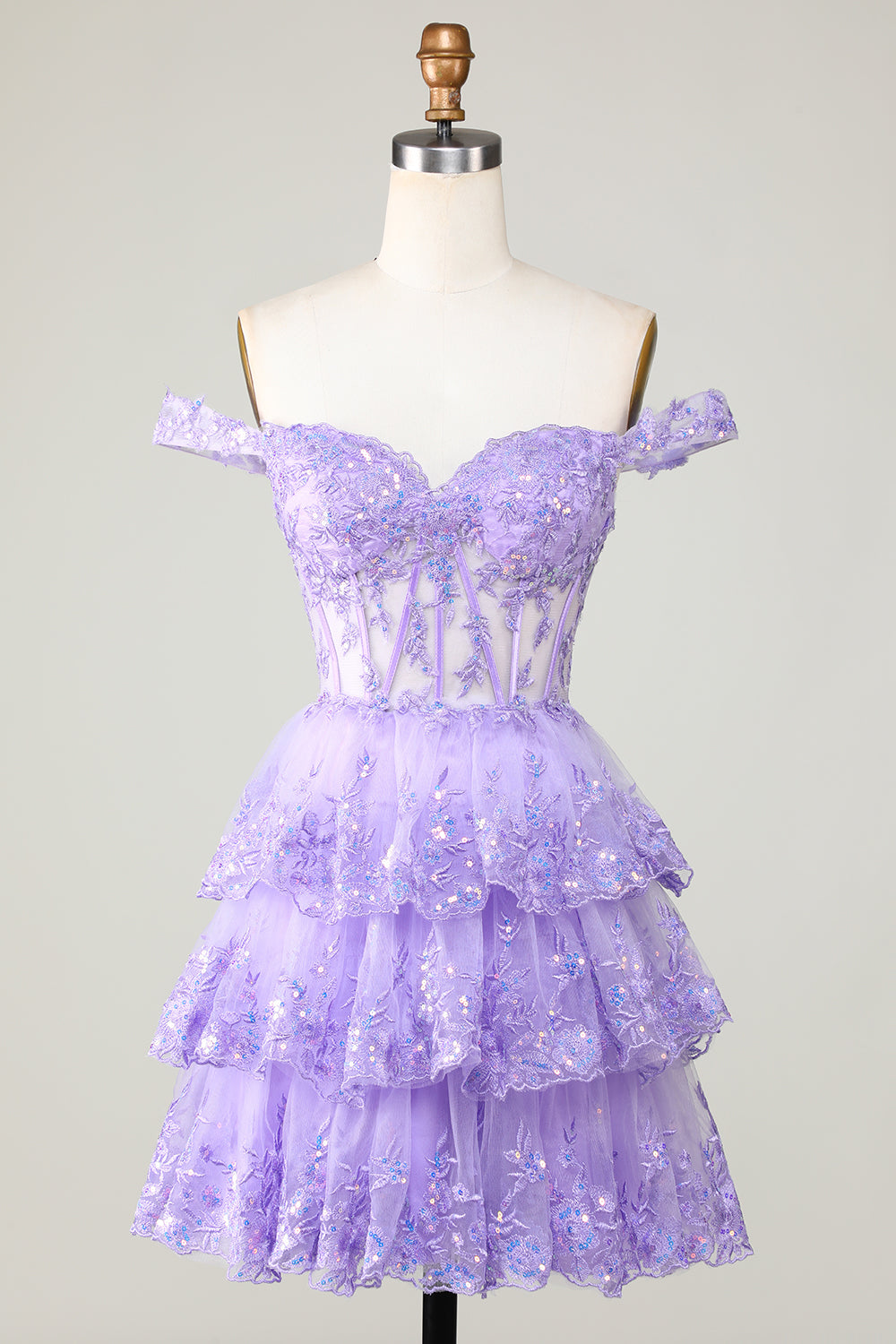Princess A Line Purple Corset Tiered Short Cocktail Dress with Lace