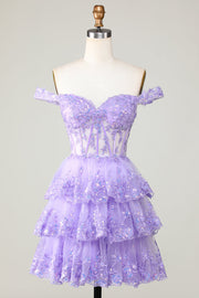 Princess A Line Purple Corset Tiered Short Cocktail Dress with Lace