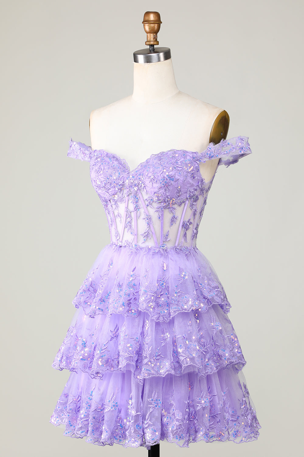 Princess A Line Purple Corset Tiered Short Cocktail Dress with Lace
