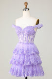 Princess A Line Purple Corset Tiered Short Cocktail Dress with Lace