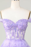 Princess A Line Purple Corset Tiered Short Cocktail Dress with Lace