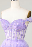 Princess A Line Purple Corset Tiered Short Cocktail Dress with Lace