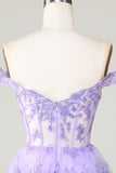 Princess A Line Purple Corset Tiered Short Cocktail Dress with Lace