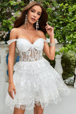 Princess A Line White Corset Tiered Short Cocktail Dress with Lace