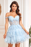 A Line Off the Shoulder Blue Corset Cocktail Dress with Lace
