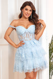 A Line Off the Shoulder Blue Corset Cocktail Dress with Lace