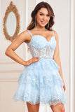 A Line Off the Shoulder Blue Corset Cocktail Dress with Lace