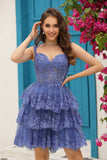 A Line Off the Shoulder Blue Corset Cocktail Dress with Lace