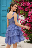 A Line Off the Shoulder Blue Corset Cocktail Dress with Lace